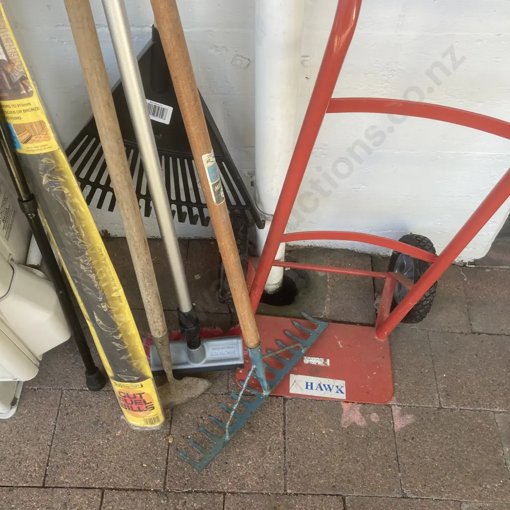 Bundle of Garden Tools, Brooms & Red Sack Barrow Image 1++