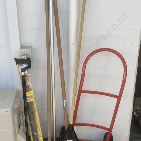 Bundle of Garden Tools, Brooms & Red Sack Barrow