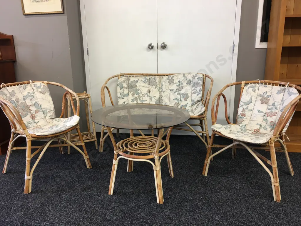 Vintage Cane Patio Suite - 5 Piece Including Plant Stand Image 1++