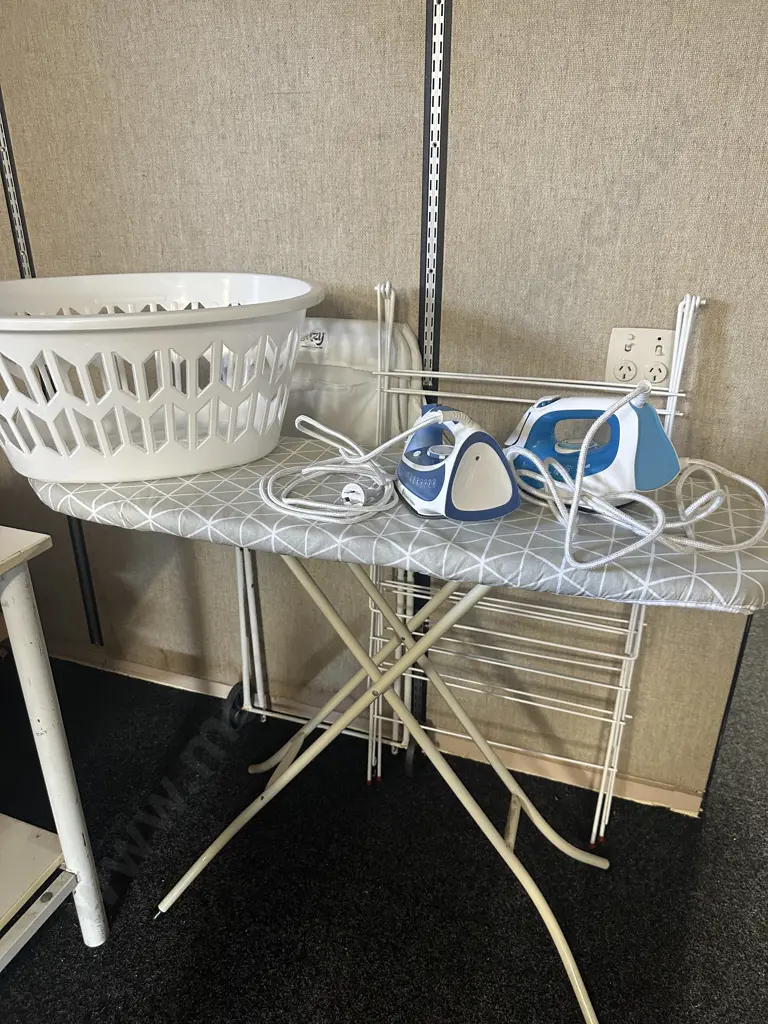 Laundry Items Including Irons x2, Ironing Board, Basket Etc Image 1++