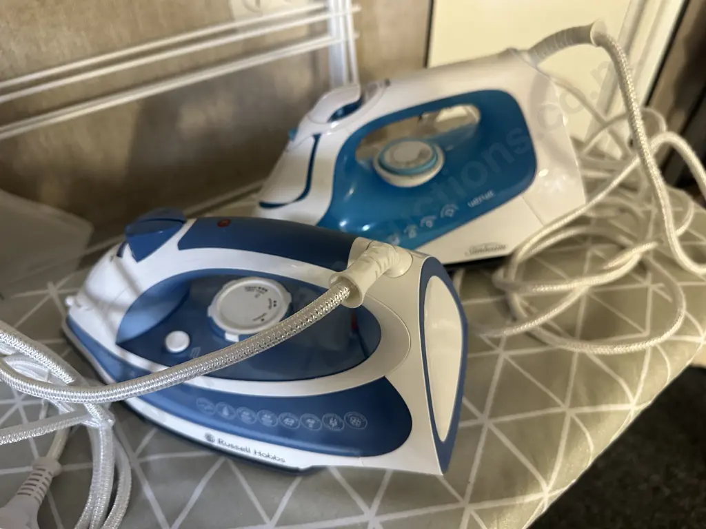 Laundry Items Including Irons x2, Ironing Board, Basket Etc Image 1++