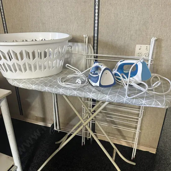 Laundry Items Including Irons x2, Ironing Board, Basket Etc