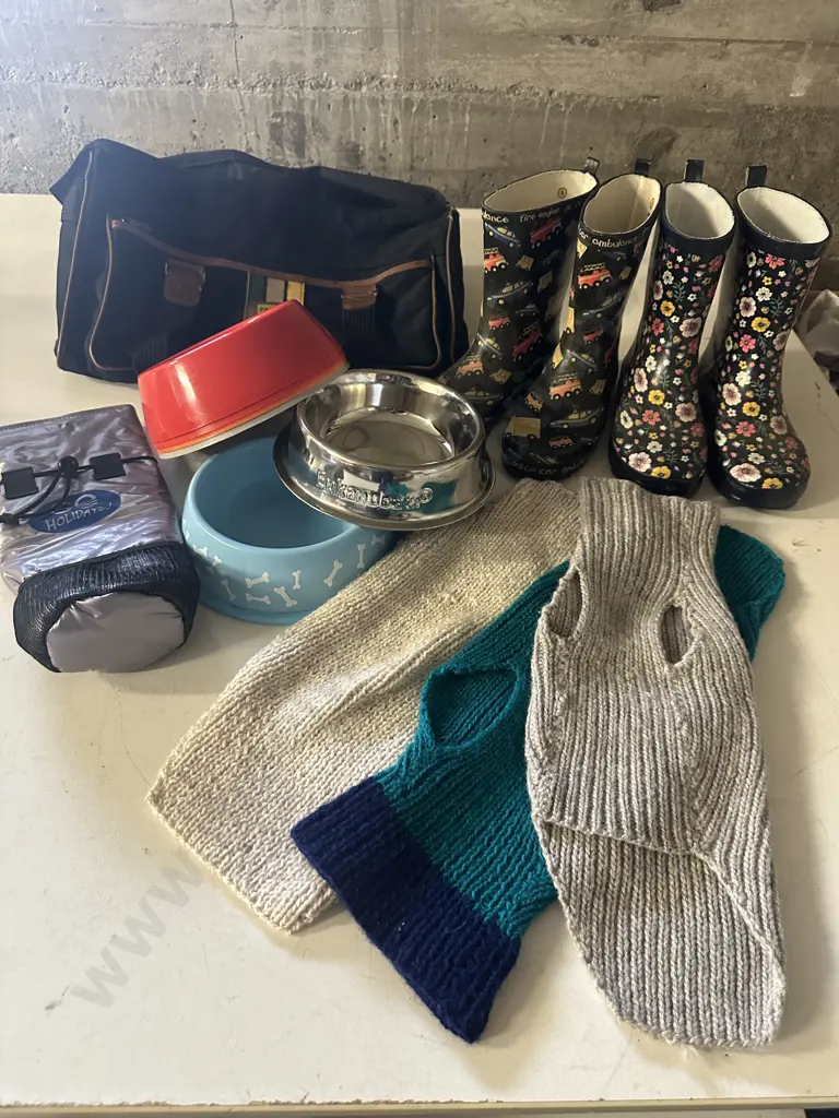 Gumboots, Dog Bowls, Knitted Items Etc(Donated) Image 1++