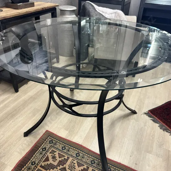 Patio Table - Round Glass Top With Black Aluminum Base. 75 x 112cm