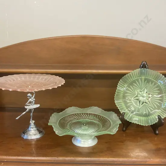 Pair of Vintage Glass & Chrome Cake Stands With a Cake Plate