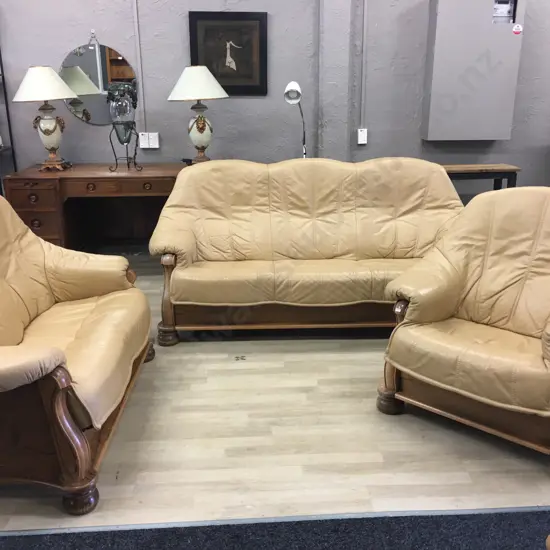 Oak & Mustard Colour Leather Brutalist Style 3+2+1 Lounge Suite, Carved Detailing On Side Panels