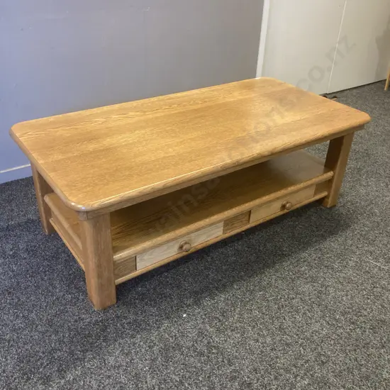 Oak Coffee Table With Under Shelf & 2 Pull Through Drawers. H44 W128 D65cm
