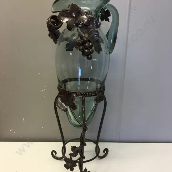 Vintage Glass Pitcher Jug With Wrought Tri Leg Base & Removable Collar