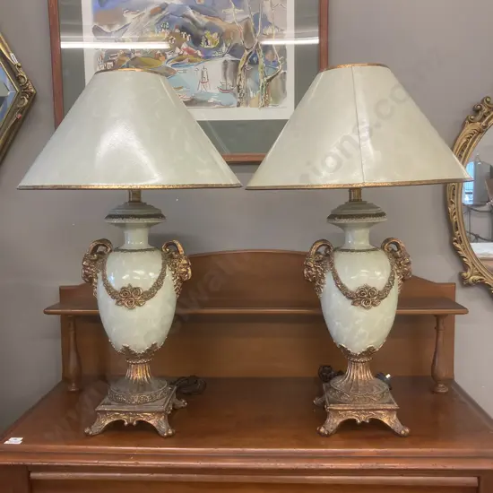 Pair of Classic Table Lamps With a French Antique Marble & Ormolu Mounted Look, Eggshell Green Colour. H74cm