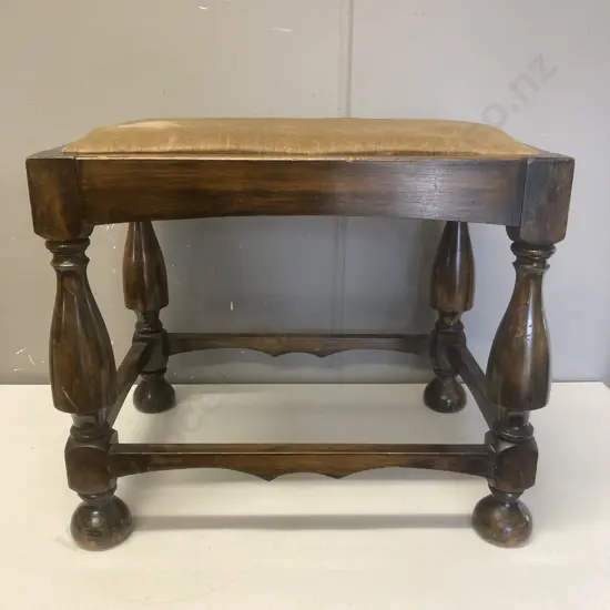 Antique Kauri Footstool, Turned Legs, Fabric Seat. H41 W49 D36cm