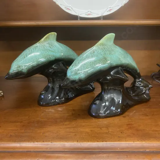 Pair of Vintage Glazed Green / Black Large Ceramic Dolphin Figurines. 19 x 29cm