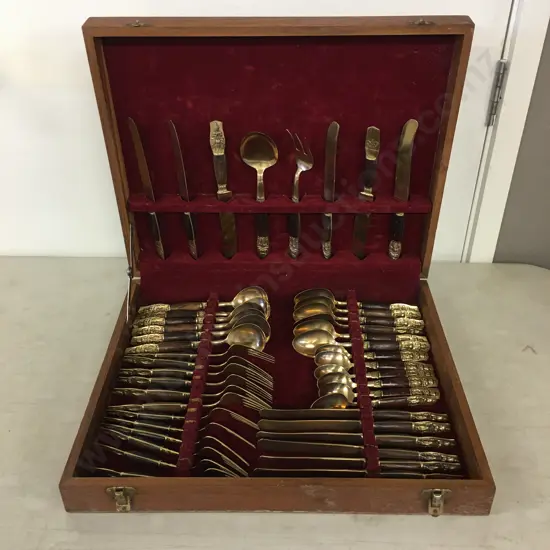 Vintage Canteen Of Cutlery Rova Matic Budha Siam Brass Flatware 