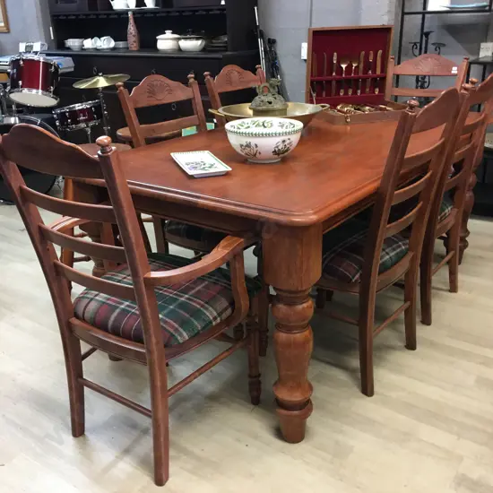 Oak Rectangular Dining Table (180 x 99cm) With 6 Tartan Fabric Dining Chairs Including 2 Carvers