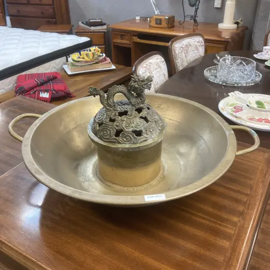 Vintage Chinese Bronze Hot Pot With Dragon Lid. 23 x 52cm