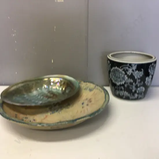 Large Pottery Platter Signed Van Der Sluis, Shall Shaped Dish & Jardinere