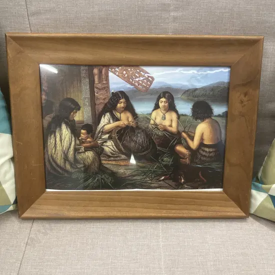 Framed Gottfried Lindauer Print ‘Maoris Plaiting Flax Baskets’ 1903. 29 x 38cm
