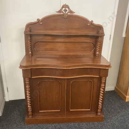 Victorian Mahogany Chiffonier c1880s, Serpentine Front, Crested Back With Applied Scrolls, Full Barley Twist Columns