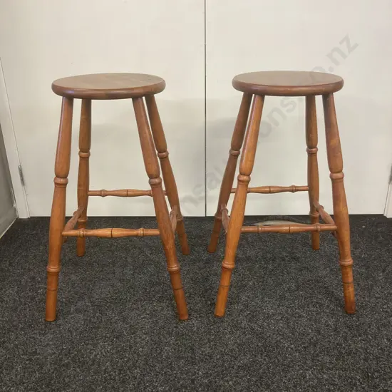 Pair of Oak Kitchen Stools With Round Seat, Turned Legs & Braces. H71cm