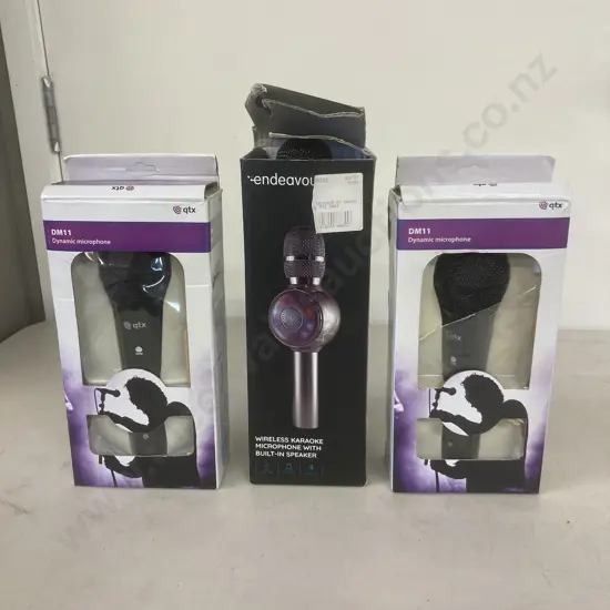 Pair of QTX DM11 Dynamic Black Microphones & Endeavour Grey BT Wireless Karaoke Mic