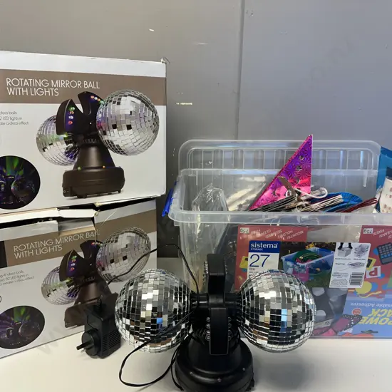 Home & Co Rotating Mirror Ball with Lights x2 & Disco Items In Sistema Lidded Storage Bin