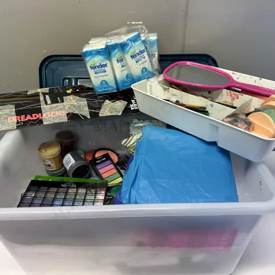 Clear Lidded Bin Of Face Paint, Make-Up, Capes, Wipes Etc