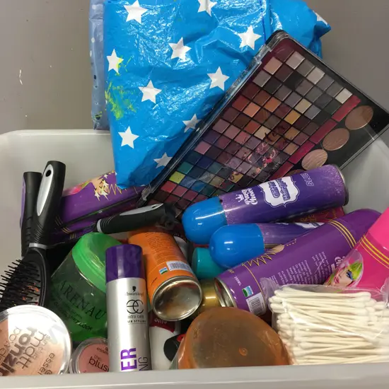 Assorted Hair & Make Up Items In Clear Bin