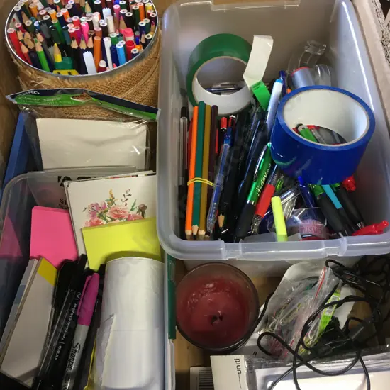 Box Of Stationery Items Including Colouring Pencils Etc