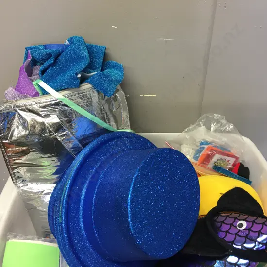 Clear Bin Of Sundries Including Blue Hats, Scarves Etc (Not Saleable - Dumped)
