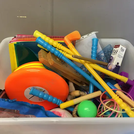 Assorted Childrens Toys, Stationery Etc In Clear Bin