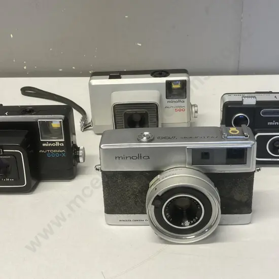 Minolta Cameras Autopak 700 With Rokkor f2.8 35mm Lens, Autopak 600-X, Autopak 500 & Autopak 400-X