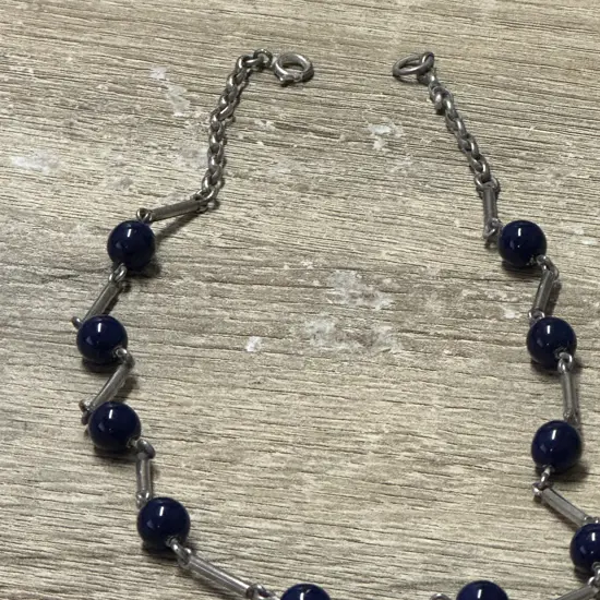 Vintage 925 Navy Blue Ball & Silver Necklace