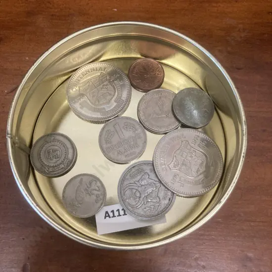 One Rupee 1963 Ceylon, UAE 1 Dirham Coin, 1989 German Deutsche Mark, 1974 Guelph Ontario Centennial Dollar Tokens Etc