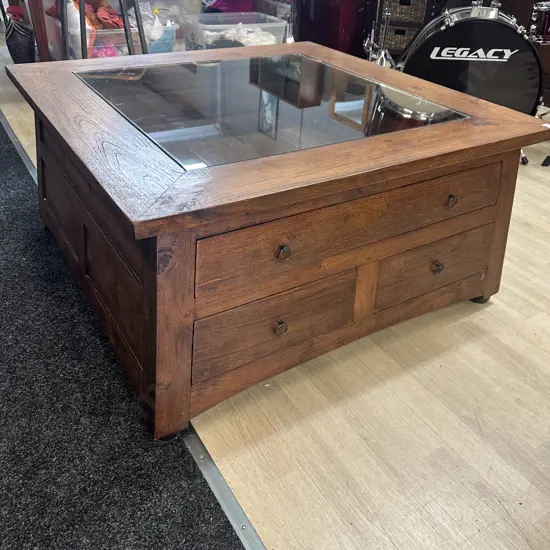 Teak Storage Display Square Coffee Table, Three Drawer With Glass Insert Top 50 x 100cm
