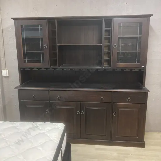 Black Painted Rimu Wall Unit, Leadlight Doors, 4 Doors & 3 Drawers In Base, Glass Hangers, Ring Handles. H210 W217 D53cm