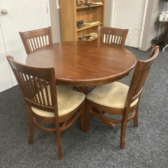 Solid Wood Single Pedestal Round Extension Table (106 to 150cm) With 4 Curved Slat Back Tan Microsuede Dining Chairs