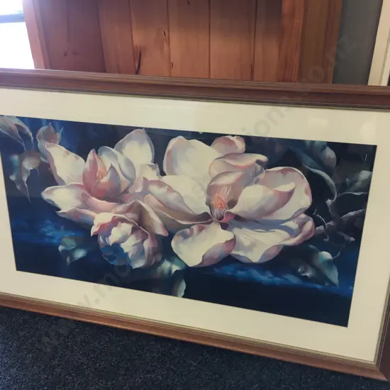 Large Magnolia Blooms Framed Artwork Signed Horning H40,W46cm.
