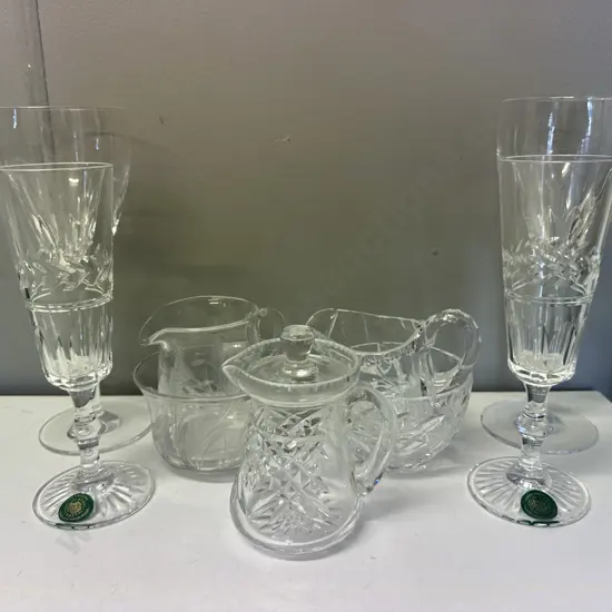 Crystal Glasses, Creamers, Bowls Including Webb Corbett Etc