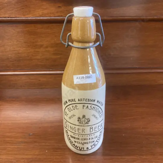 Two-Tone Coloured Salt Glazed Ginger Beer Bottle With Cap - Bourne Denby "Thomson, Lewis & Co New Zealand" 22.5cm