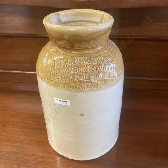 Antique J.T. Morton Provision Merchant London Stoneware Crock c1849 Handmade, Glazed. 29 x 18.5cm