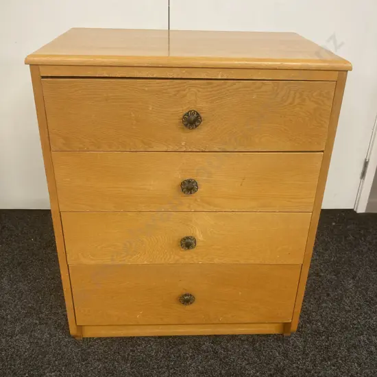 Mid Century Oak Tallboy, 4 Drawer, Metal Handles. H80 W63 D39cm