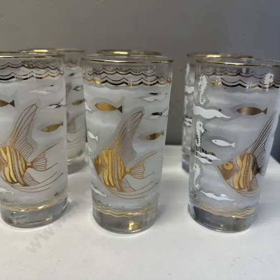 Set Of Six Vintage Libby Marine Life Pattern High Ball / Drinking Glasses