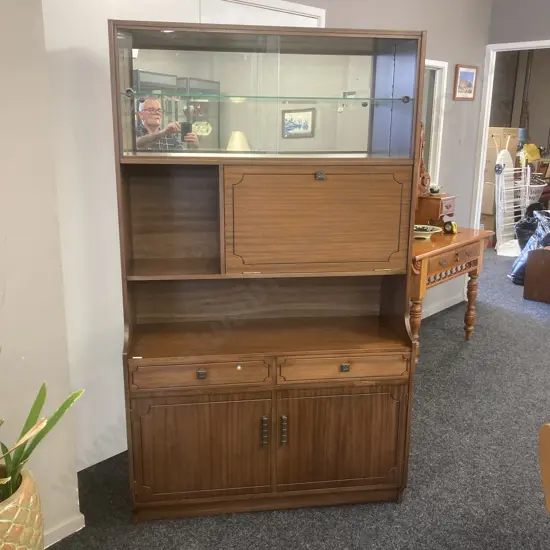 Mahogany Wall Unit Cocktail / Display Cabinet, Glass Doors, Mirror Backed, Locking Drawer With Key. H180 W106 D39cm