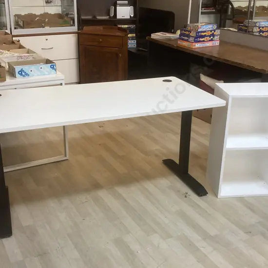 White & Black Desk. H74 W150 D75cm With Small White Bookcase. H78 W45 D30cm