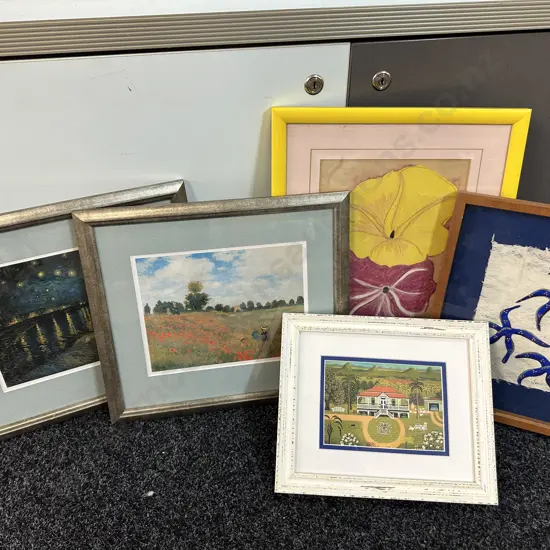 Assorted Framed Artworks, Queenslander, Star Fish Etc In Black Basket