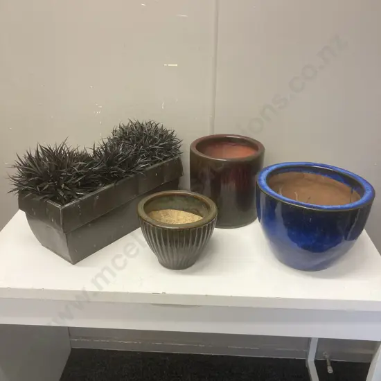 3 x Glazed Garden Pots, Tin Trough With Faux Black Grasses