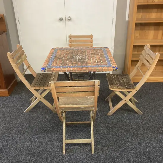 Vintage Square Mosaic Topped Table 80 x 80cm With A Black Wrought Base & Set of 4 Wooden Slat Chairs