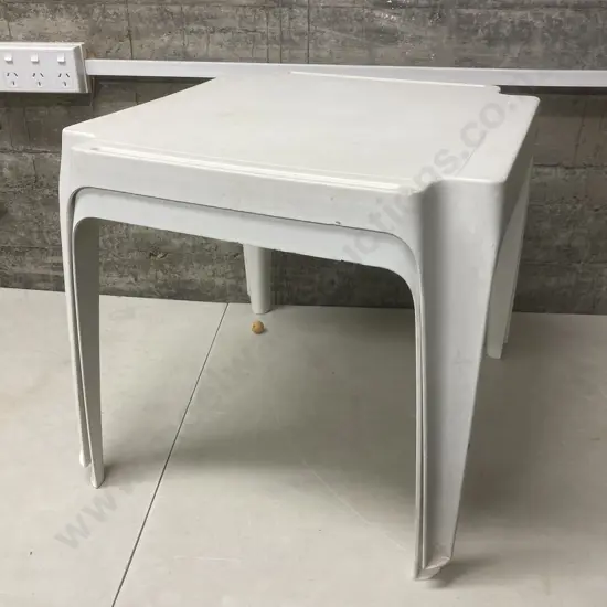 Pair of White Plastic Stacking Tables. H44 W50 D55cm