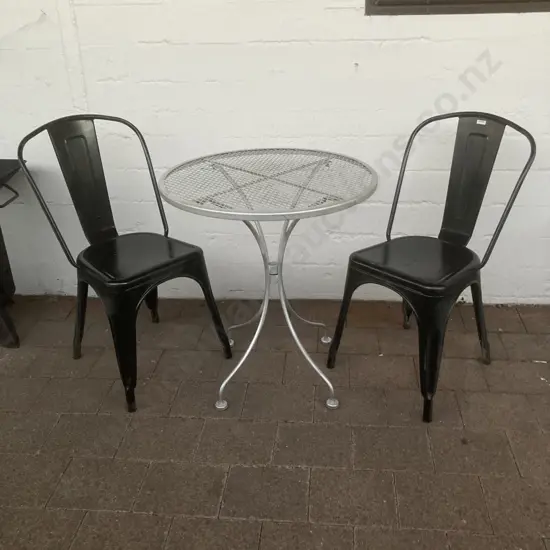 Silver Painted Round Steel Mesh Top Patio Table (72 x 66cm) With Pair of Black Steel Chairs