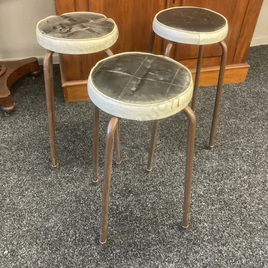 Set of 3 Vintage Brown Tubular Steel Stools With Vinyl Seats, Stacking. H54cm (As Found Condition).