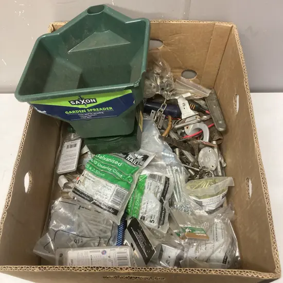 Box lot Saxon Garden Spreader, Hand Tools, Hardware Etc